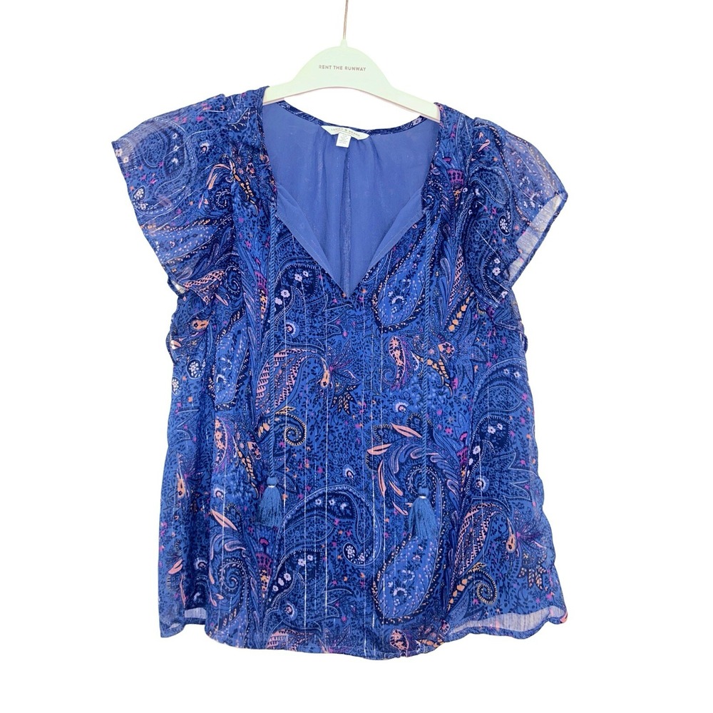 Lucky Brand Blue Paisley Patterned Dressy Blouse, Silver Shimmers Size Small
